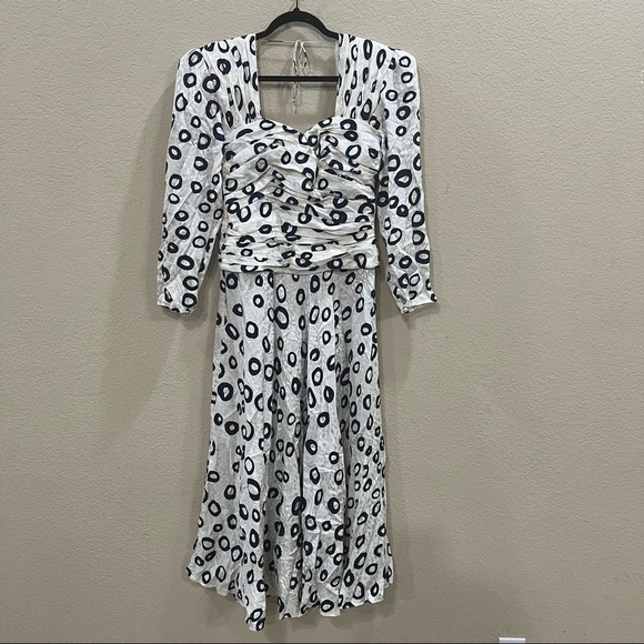 Rare Vintage 80's Flora Kung Dress Designer Silk Sz 12 Ruches Waist Pokadot Boho - Picture 1 of 10